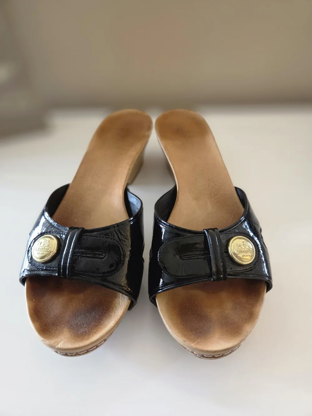 Coach Black Patent Leather Clog Mules with Gold Medallion 7.5B